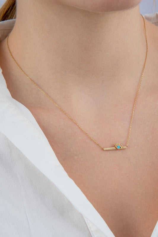14ct Gold Horizontal Bar Evil Eye Necklace-0