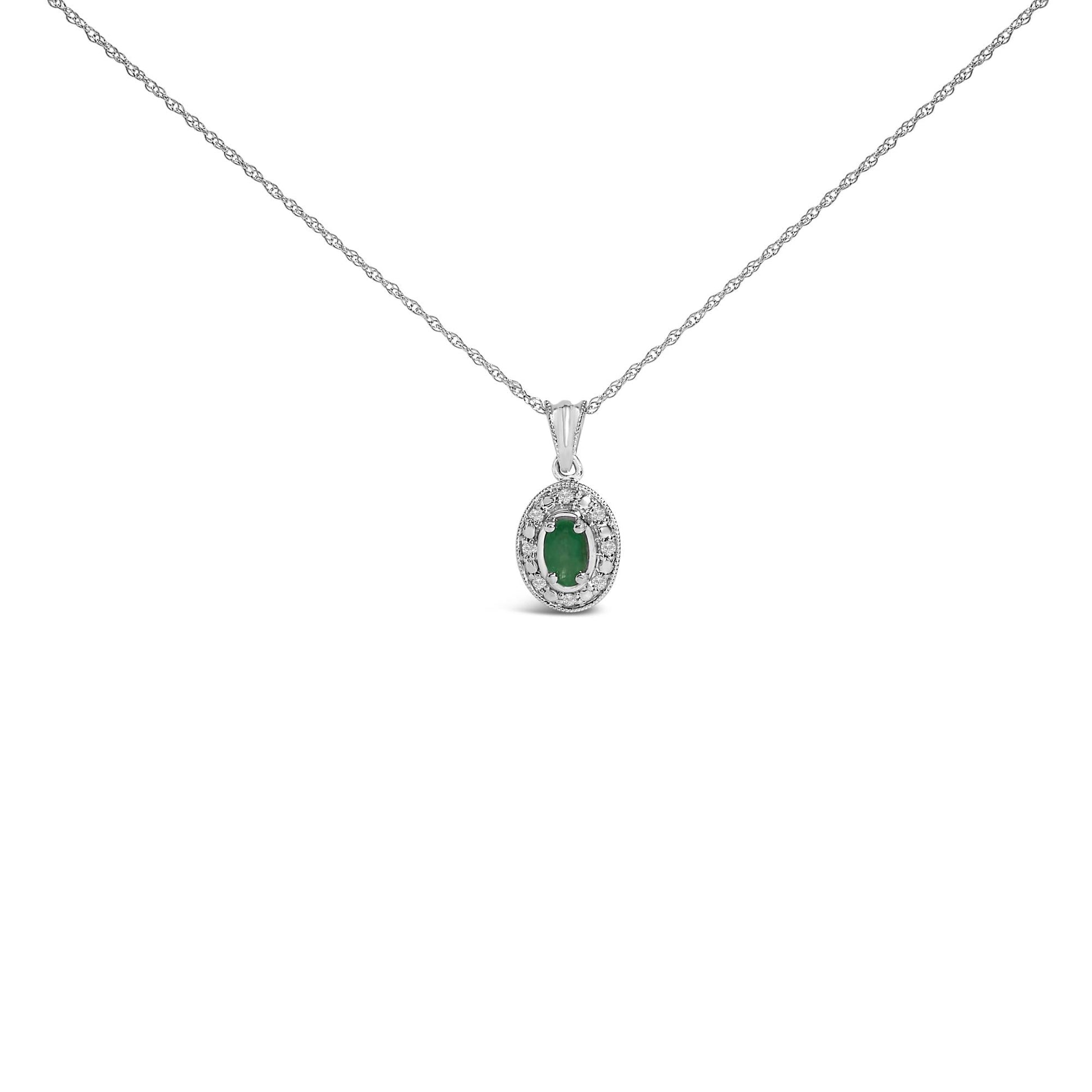 14K White Gold Oval Green Emerald and Diamond Halo Pendant Necklace - 18" Inches-0