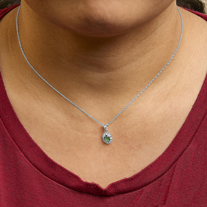 14K White Gold Oval Green Emerald and Diamond Halo Pendant Necklace - 18" Inches-2