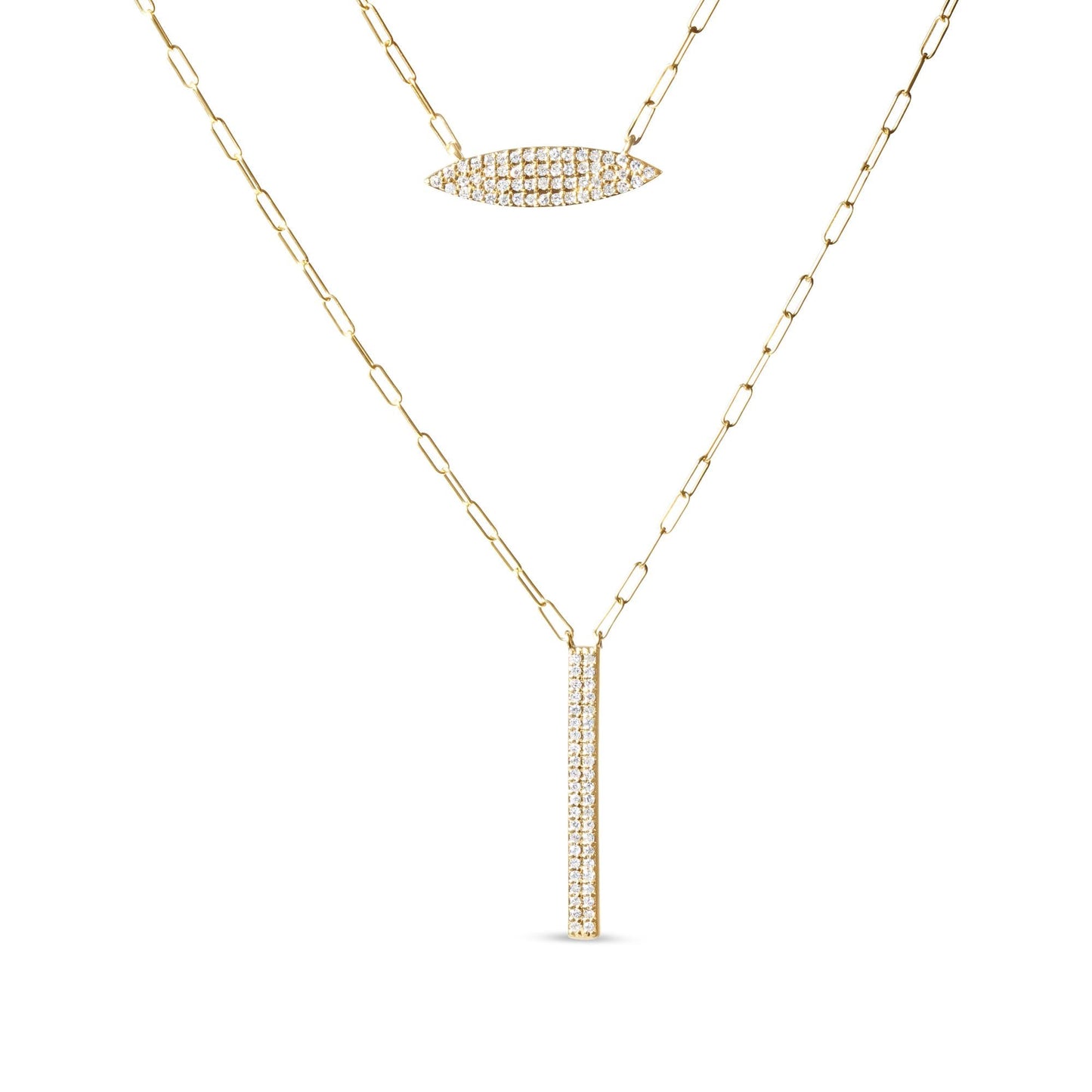 14K Yellow Gold 3/8 Cttw Two-Strand Marquise and Bar Charm Paper Clip Link Pendant Necklace  (I-J Color, I1-I2 Clarity) -18" and 20" Inch Lengths-0