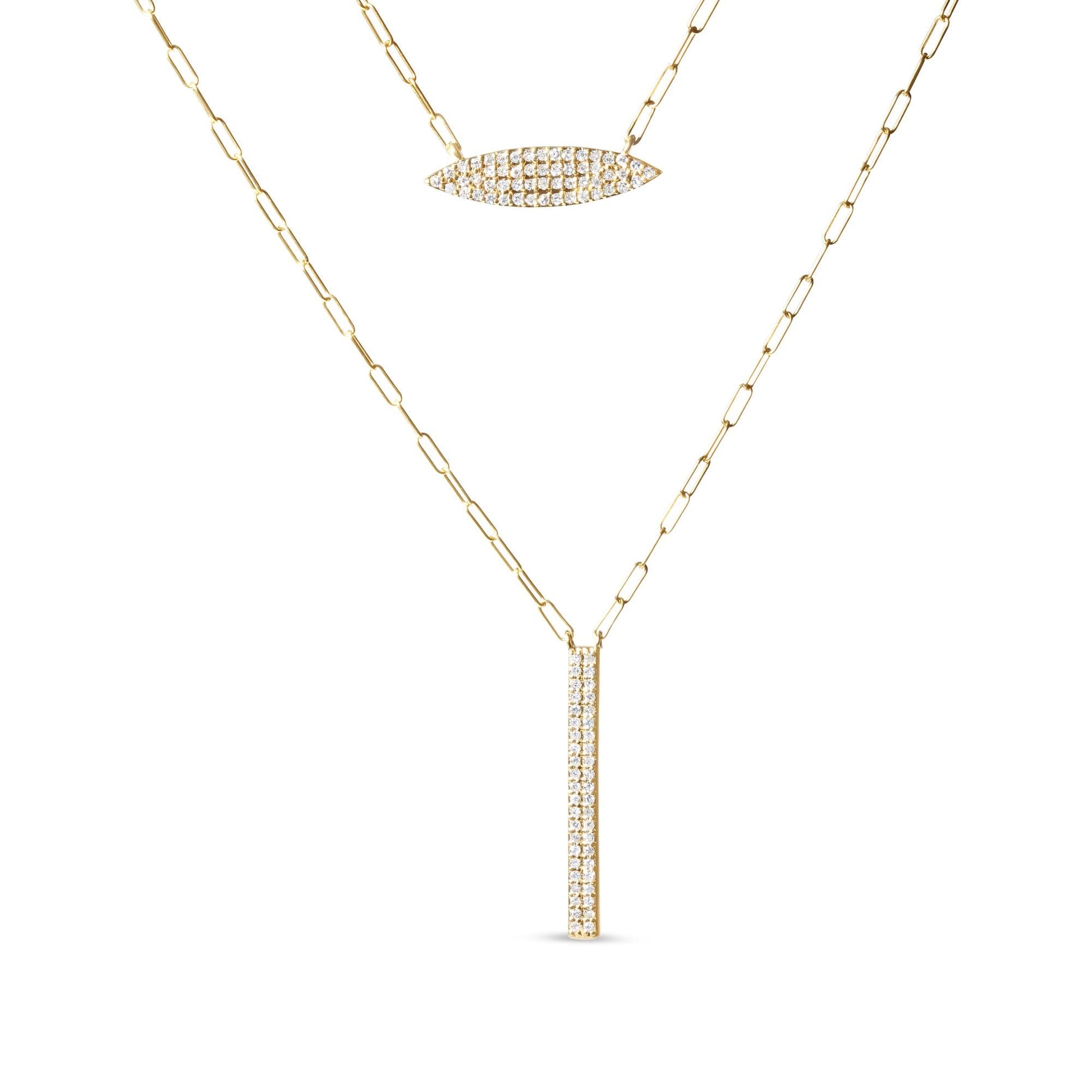 14K Yellow Gold 3/8 Cttw Two-Strand Marquise and Bar Charm Paper Clip Link Pendant Necklace  (I-J Color, I1-I2 Clarity) -18" and 20" Inch Lengths-0